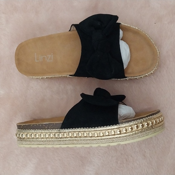 linzi Shoes - Linzi velvet suedette feel black bow and gold studded slider sandals size 7-8